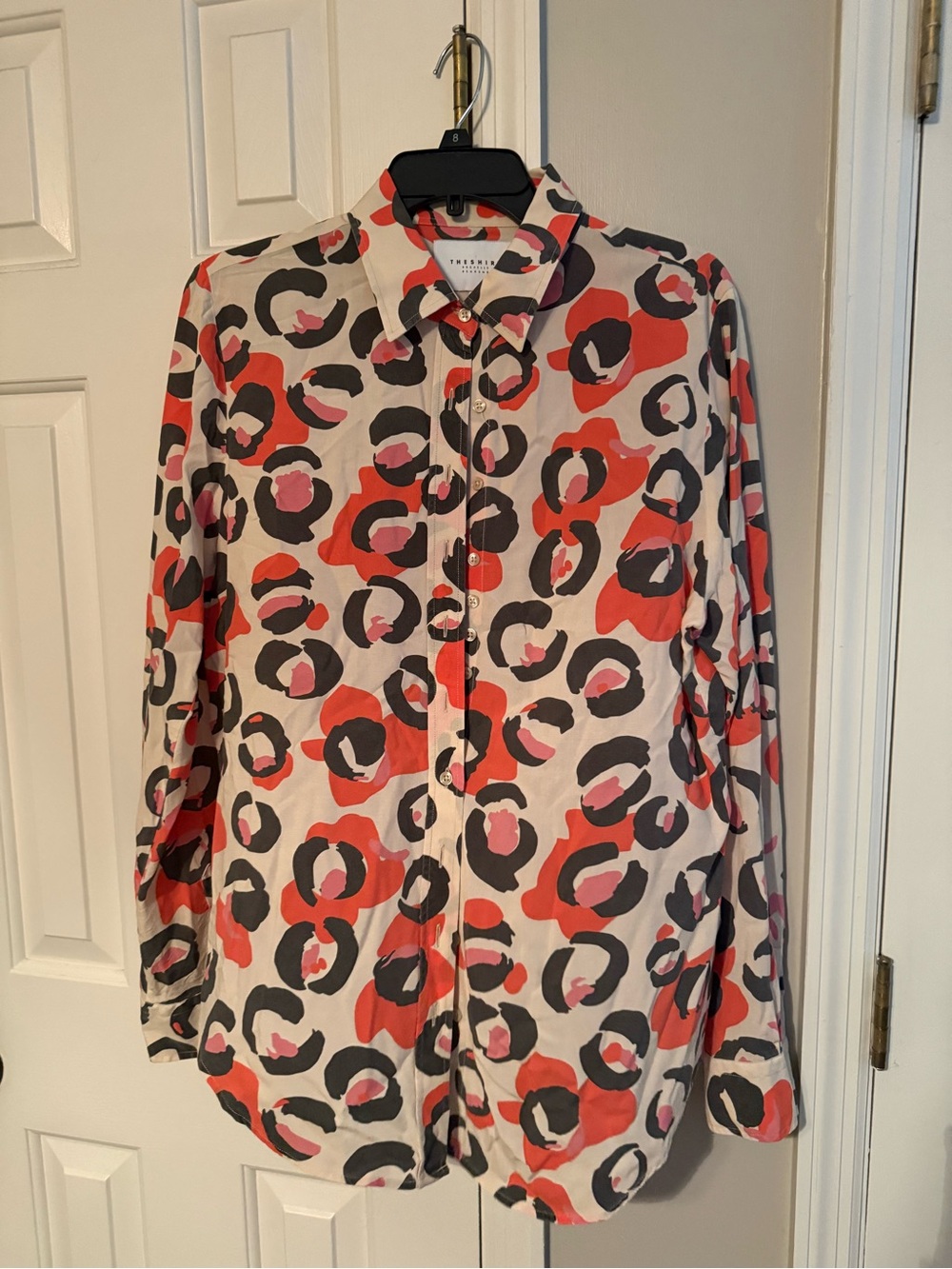 The Shirt by Rochelle Behrens Beige Button-Down Orange Red & Black Spot Print